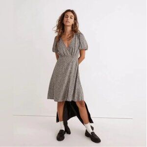 Madewell Challis Wrap Mini Dress Black White Ditsy Floral Sz 8